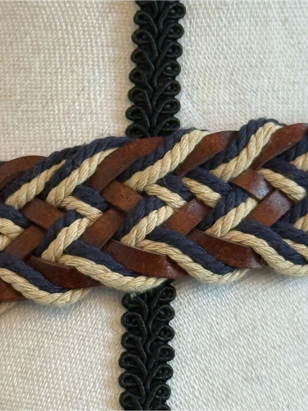 Lucky Brand Braided Leather Rope D Ring Belt Size 36 Brown Navy Cream Woven